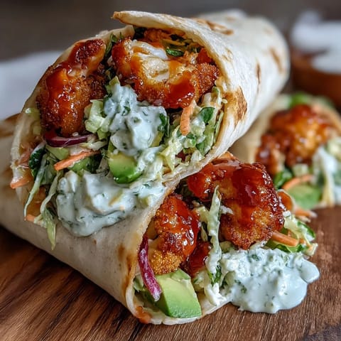A warm Vegan Buffalo Cauliflower Wrap, sliced to show avocado and colorful slaw, ready for a satisfying lunch.