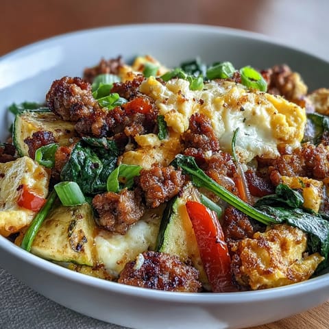 Fluffy Keto Sausage and Veggie Breakfast Scramble topped with melted cheddar in a skillet.