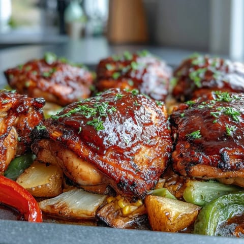 Roasted red bell peppers and charred corn accompany the sticky BBQ chicken thighs in this easy weeknight dinner.