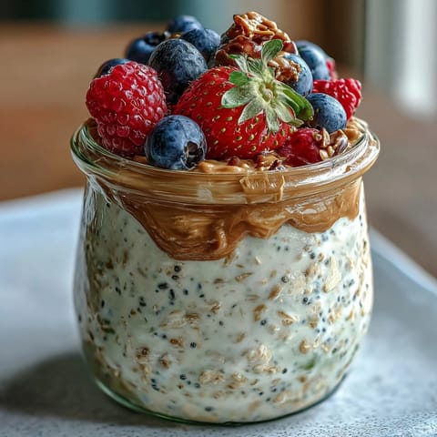 Clean Eating Berry Overnight Oats with Almond Butter Swirl served in a mason jar, layered with oats, berries, and almond butter.