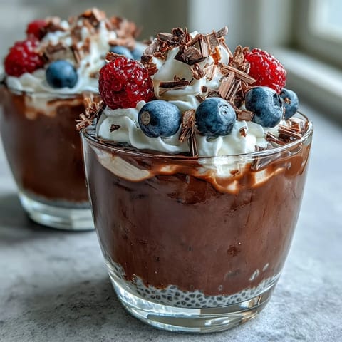 Vegan Chocolate Chia Pudding Parfaits layered with creamy pudding and fluffy coconut whip in a glass.