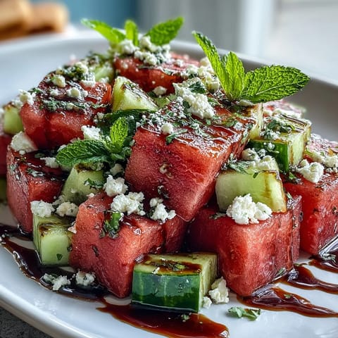 A vibrant Watermelon Feta Cucumber Salad with Balsamic Glaze served chilled on a white plate, garnished with fresh mint leaves.