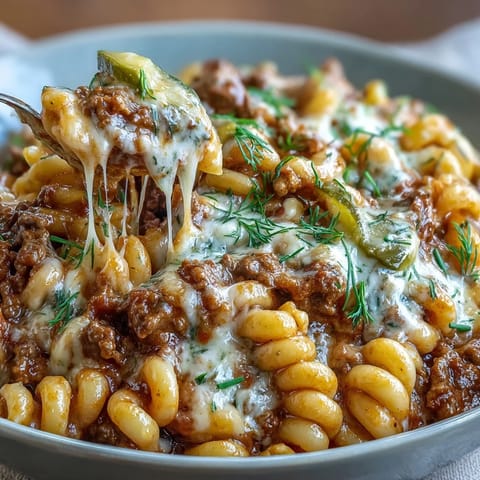 One-pan cheeseburger chili mac with ground beef, pasta, cheddar, and pickles in a single skillet.  