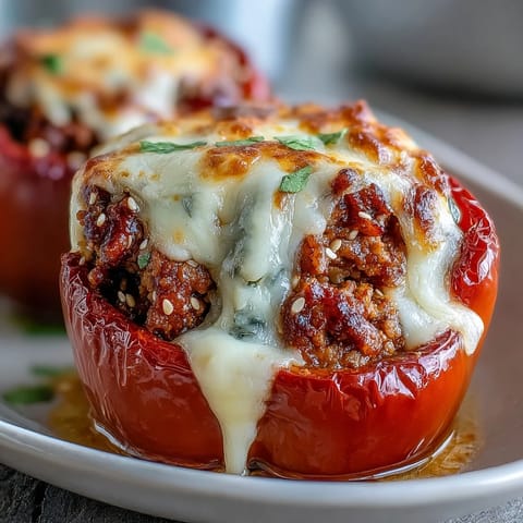 Vibrant mini peppers filled with savory Korean-spiced ground turkey, topped with gooey cheese and fresh green onions.  