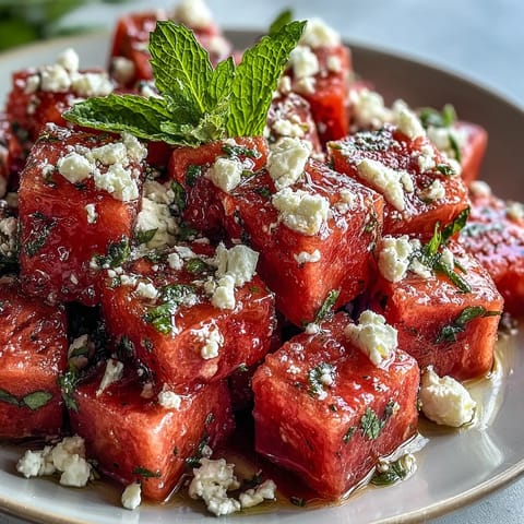 Refreshing summer salad featuring sweet watermelon, tangy feta, and aromatic mint leaves—perfect for barbecues and picnics.  