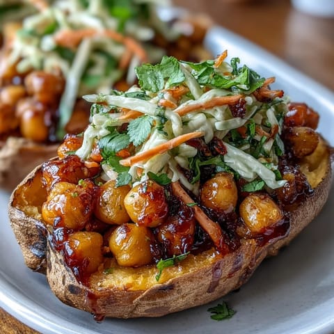 2. Satisfying plant-based meal featuring tender sweet potatoes filled with savory BBQ chickpeas and fresh, tangy cabbage slaw for texture.  