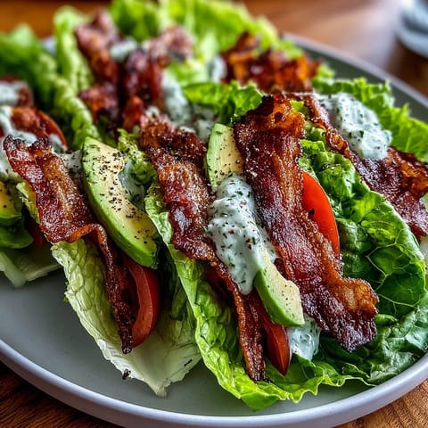 Fresh, low-carb Keto BLT lettuce wraps layered with crispy bacon, ripe avocado, sliced tomato, and punchy garlic mayo.