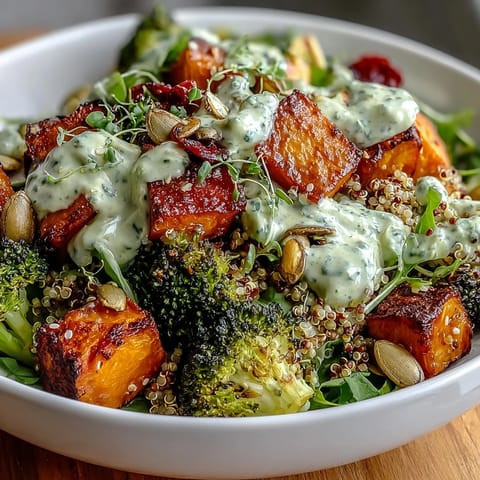 Colorful roasted veggie Buddha bowl featuring quinoa, chickpeas, and a rich, herby avocado dressing. Healthy and satisfying.  