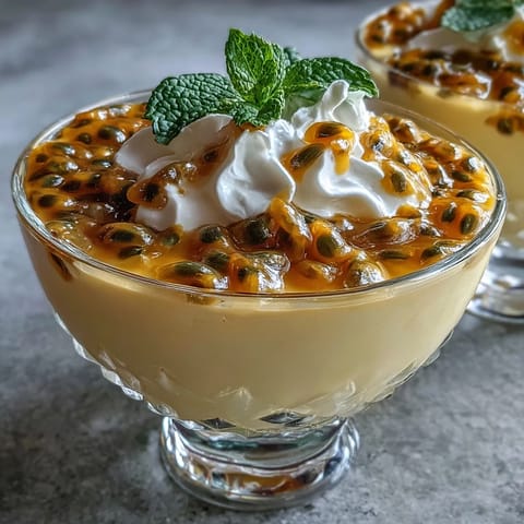 2. Tangy passionfruit mousse made with fresh passionfruit juice, airy egg whites, and creamy whipped topping for a tropical dessert.