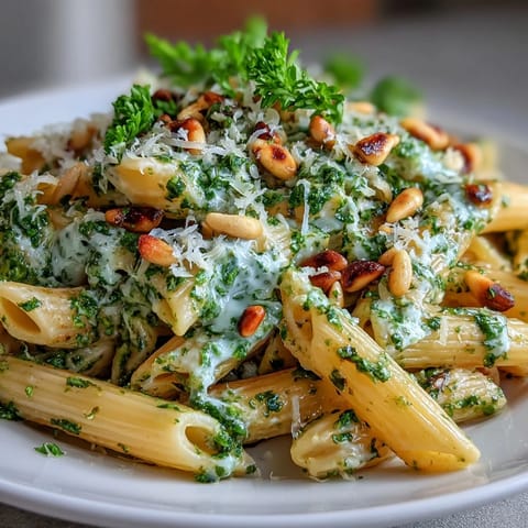 Creamy cream cheese pesto pasta with fresh basil, toasted pine nuts, and Parmesan, perfect for a quick vegetarian dinner.  