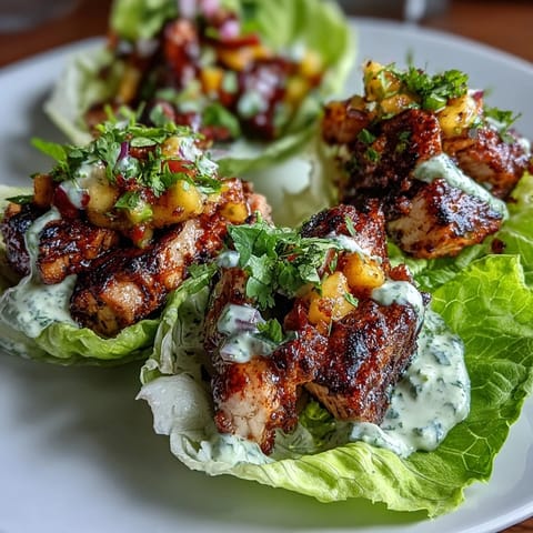 Crisp lettuce cups hold tender jerk-seasoned chicken, topped with colorful mango salsa and tangy coconut crema for a refreshing Caribbean-inspired dish.  