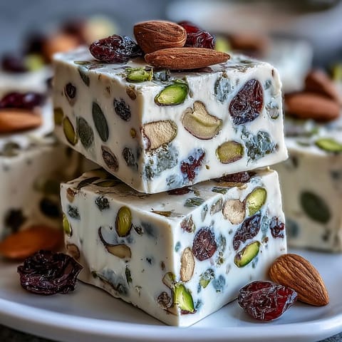 A tray of chewy pistachio nougat candy studded with dried apricots, cherries, and cranberries.  