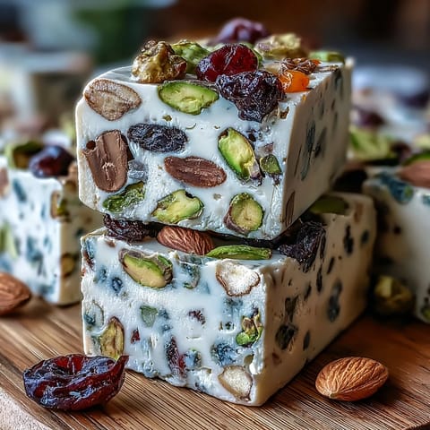 Golden pistachio nougat squares with colorful dried fruit pieces, perfect for gifting or coffee pairings.  