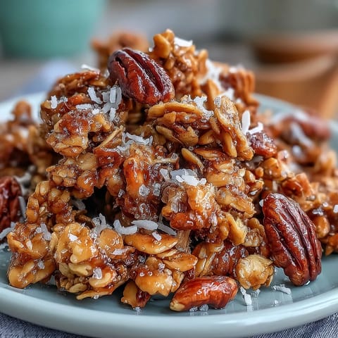 Golden clusters of salted honey granola with toasted oats, crunchy almonds, and a hint of fleur de sel.