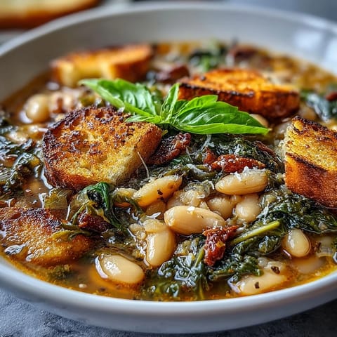 Rustic Italian Ribollita soup with creamy white beans, seasonal vegetables, and crispy sourdough croutons in a rich broth.  