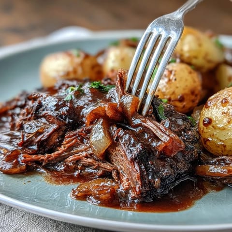 Savory slow cooker pot roast featuring juicy beef and carrots, infused with classic onion soup flavors.  