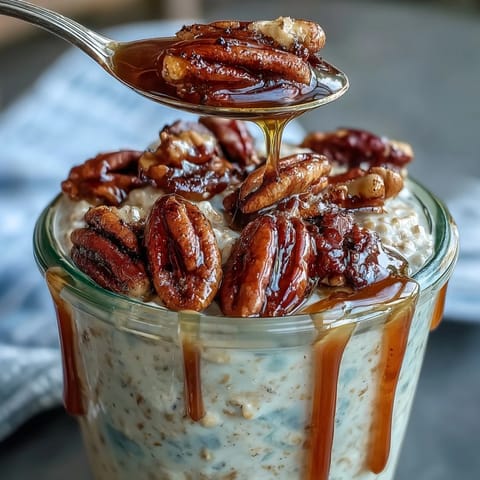 Creamy overnight oats with crunchy candied pecans and a rich maple syrup drizzle in a glass jar.  