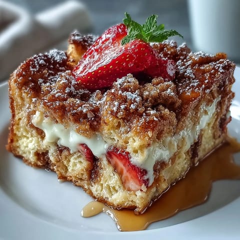 This creamy, custard-soaked brioche casserole is topped with crunchy streusel and fresh strawberries, ideal for sharing.  