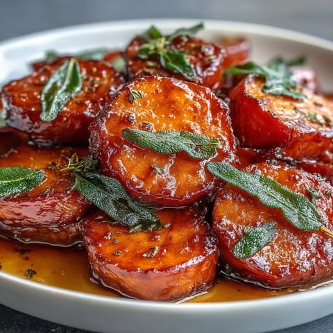 Rich candied yams baked in nutty brown butter and maple glaze, with crispy sage leaves adding savory depth to this holiday favorite.  