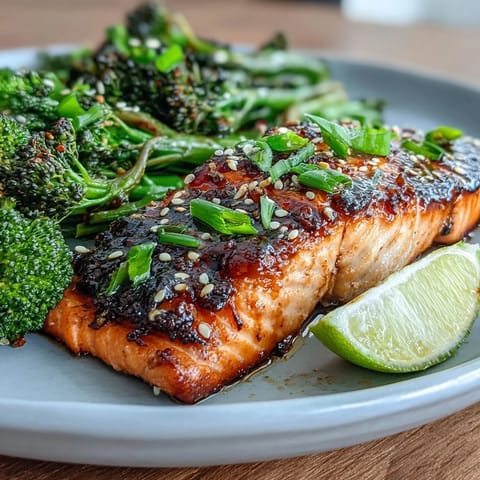 Succulent salmon with a glossy honey-soy glaze rests on crisp-tender sesame broccoli, garnished with fresh scallions.
