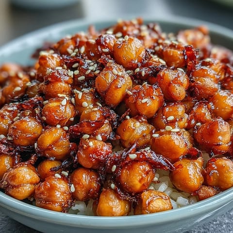 Golden roasted chickpeas tossed in chili garlic sauce, garnished with scallions and sesame seeds atop fluffy jasmine rice.  