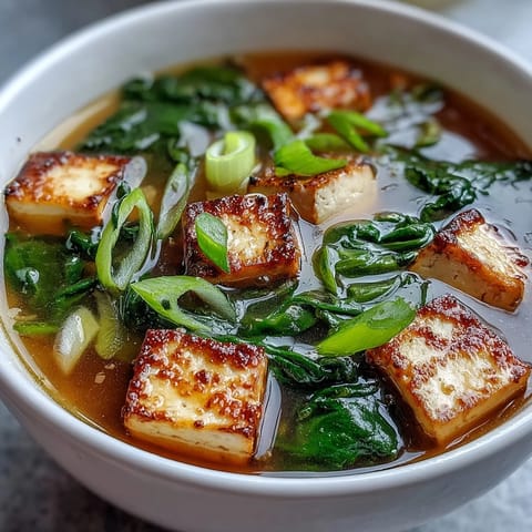Warm miso soup with silky tofu, fresh spinach, and green onions in a savory Japanese broth.  