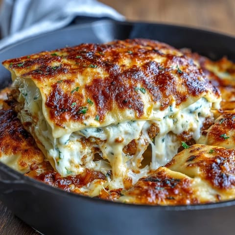 Hearty Dumpling Lasagna Skillet with ground turkey and cabbage, layered with ricotta and mozzarella for a cozy one-pan meal.  
