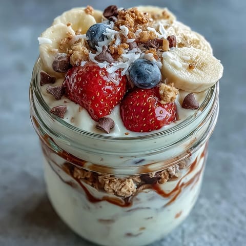 Fluffy Yogurt Banana Split Breakfast Jar with layers of creamy Greek yogurt, fresh berries, and crunchy granola in a portable jar.