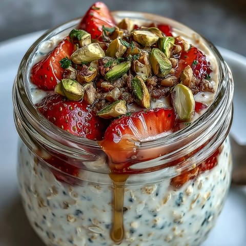 Creamy oats layered with sweet strawberries, earthy pistachios, and golden honey, creating a wholesome and satisfying morning treat.