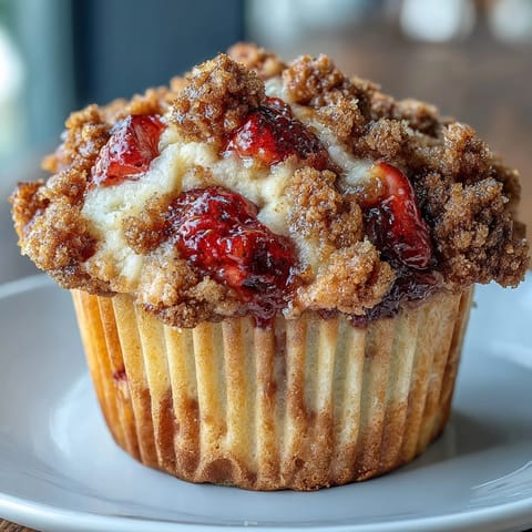 Buttery crumble-topped strawberry muffins, baked golden and moist, ideal for a delightful morning treat or afternoon indulgence.  
