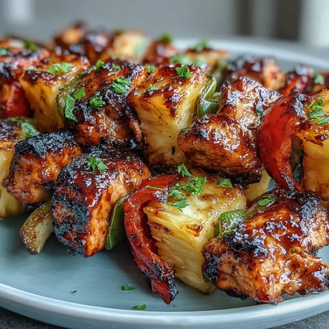 Colorful grilled chicken and pineapple kabobs featuring vibrant bell peppers, marinated for bold, savory-sweet flavor.