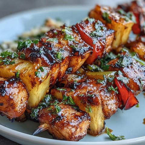 Grilled chicken pineapple kabobs with bell peppers, juicy skewers bursting with tropical sweetness and smoky char.