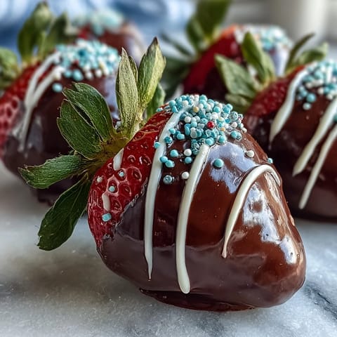 Rich dark chocolate-coated strawberries adorned with cheerful pastel sprinkles, creating a delightful and eye-catching Easter treat.  