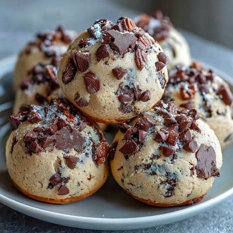 A bowl of creamy, protein-packed edible cookie dough with mini chocolate chips mixed throughout, perfect for a healthy snack.  