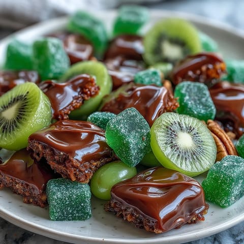 Festive St. Patrick's Day treats board filled with vibrant green snacks, fresh fruits, savory bites, and sweet candies for a colorful celebration.  