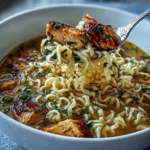 A comforting, hearty Chicken Run One-Pot Chicken Noodle Soup with egg noodles, carrots, and green beans simmering in a rich, homemade stock.  