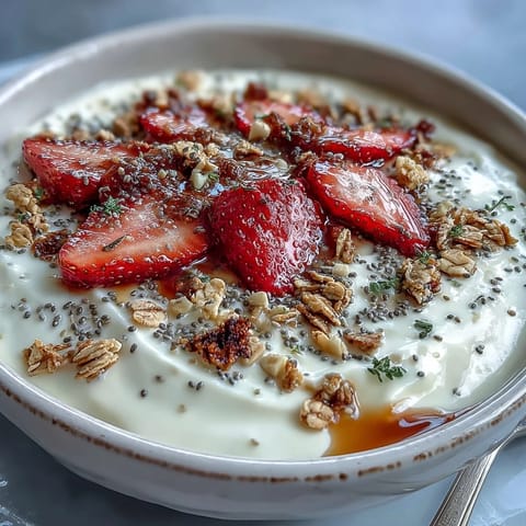Creamy cottage cheese breakfast bowl topped with fresh strawberries and crunchy granola, drizzled with honey for a protein-packed morning treat.