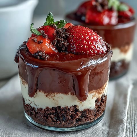 Decadent chocolate biscuit base topped with creamy cheesecake and fresh strawberries in elegant dessert cups.