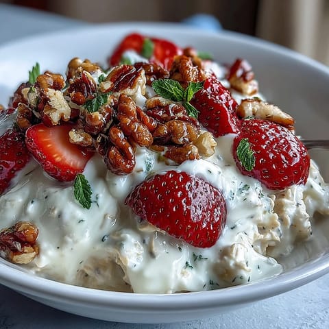 Strawberry overnight oats with chia seeds and granola in a glass jar, topped with fresh strawberries and crunchy granola for a healthy breakfast