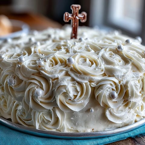 First Communion Cake with White Roses and Cross Topper displayed on a decorative stand, showcasing elegant white fondant roses and a gleaming silver cross topper.