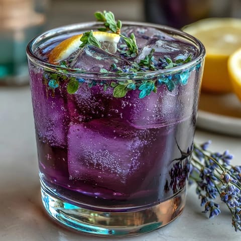 Iced lavender lemonade with fresh mint, served in a tall glass over ice, garnished with lemon slices and a sprig of mint.