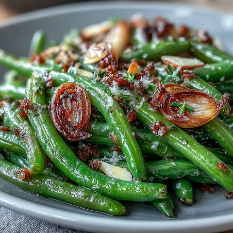 Roasted garlic green beans with golden caramelized garlic and fresh lemon zest.  