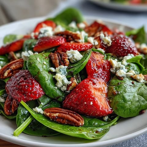 Vibrant Spring Strawberry Spinach Salad with goat cheese, candied pecans, and fresh strawberries in a tangy balsamic vinaigrette.