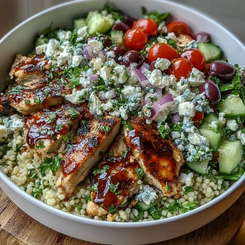 Freshly grilled lemon-oregano chicken strips and crumbled feta top a vibrant bowl of Mediterranean Pearl Couscous Chicken Bowls with tomatoes and cucumbers.