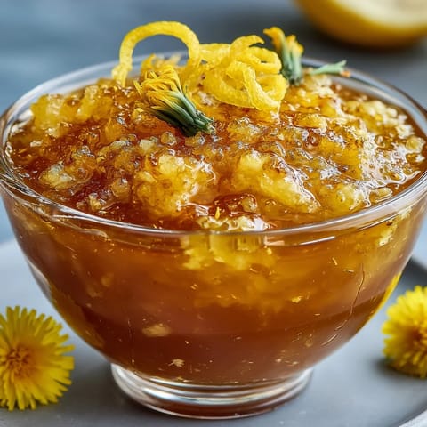 Bright, golden dandelion jelly with fresh lemon and honey, perfect for spreading on warm toast or biscuits.  