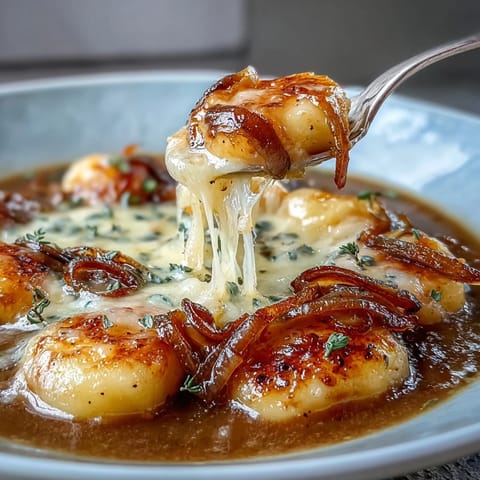 Hearty gnocchi French onion soup with caramelized onions and melted Gruyère cheese, served in rustic oven-safe bowls.  