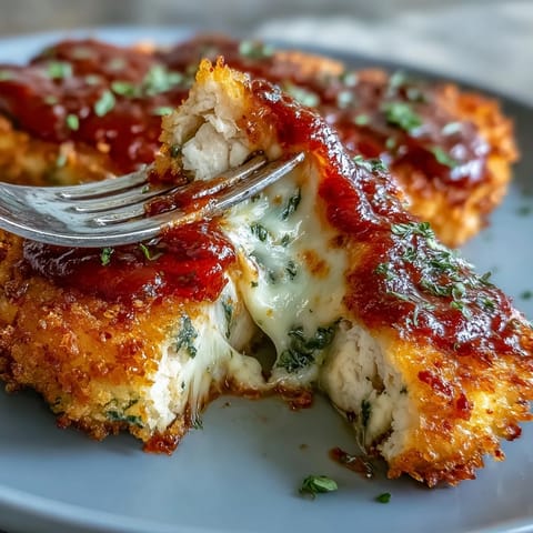 Juicy breaded chicken breasts air-fried to perfection, smothered in tangy marinara and gooey melted cheese for a family favorite.  
