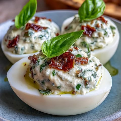 Caprese Deviled Eggs with Basil Oil and Tomato: Creamy yolk filling topped with diced tomatoes, mozzarella, and fresh basil, drizzled with vibrant green basil oil.