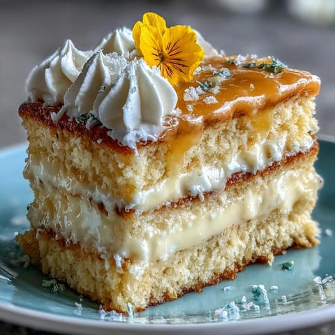 Elegant Mother's Day Lemon Curd Layer Cake adorned with vibrant edible flowers and creamy frosting.