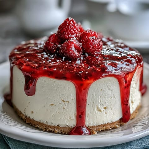 Creamy no-bake cheesecake with buttery biscuit crust and vibrant raspberry coulis, perfect for Mother's Day celebrations.  